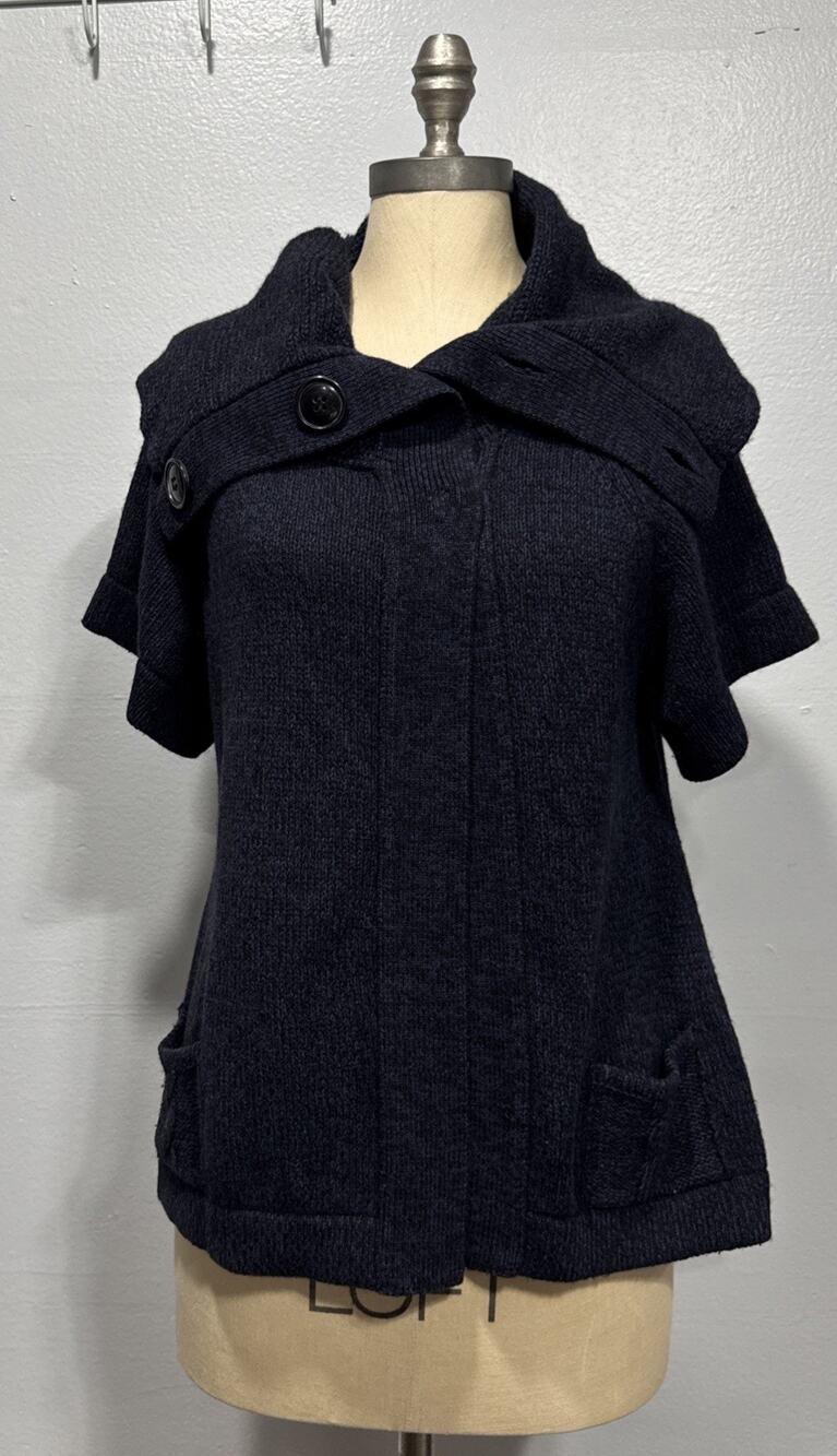 Woolworths Women's Wool Blend Cardigan Sweater Short Sleeve Collared Size S Navy